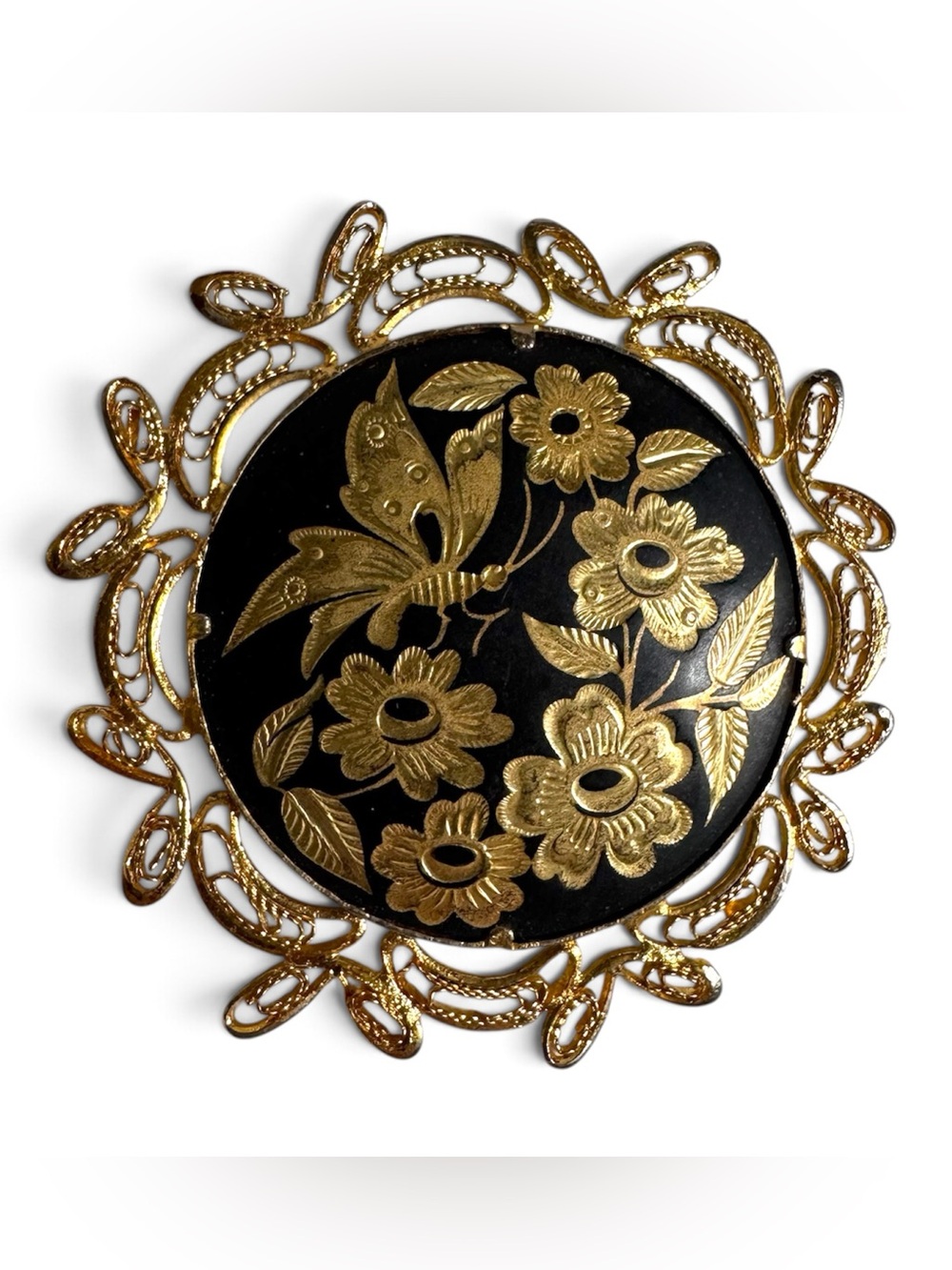 Vtg Damascene Butterfly Floral Brooch Black Gold Filigree Whimsigoth Cottagecore